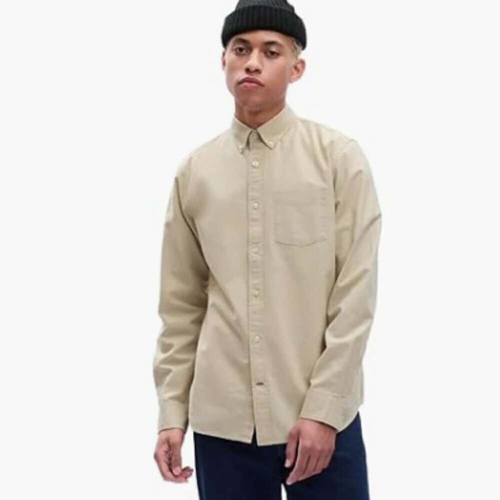 NEW Gap Mens M Long Sleeve Oxford Shirt Beige Cotton Blend Button-Up Casual